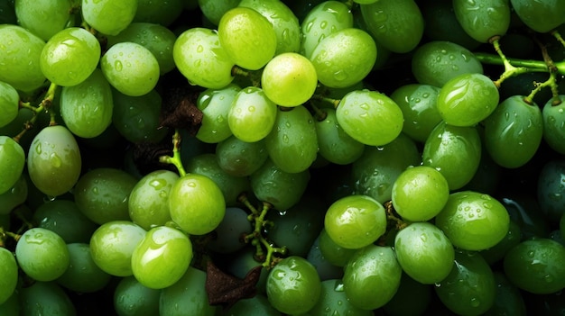 Eine Traube grüner Weintrauben mit Regentropfen darauf