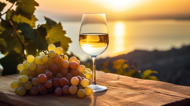 Eine Traube und ein Glas Weißwein auf dem Tisch Naturlandschaft und Sonnenlicht im verschwommenen Hintergrund