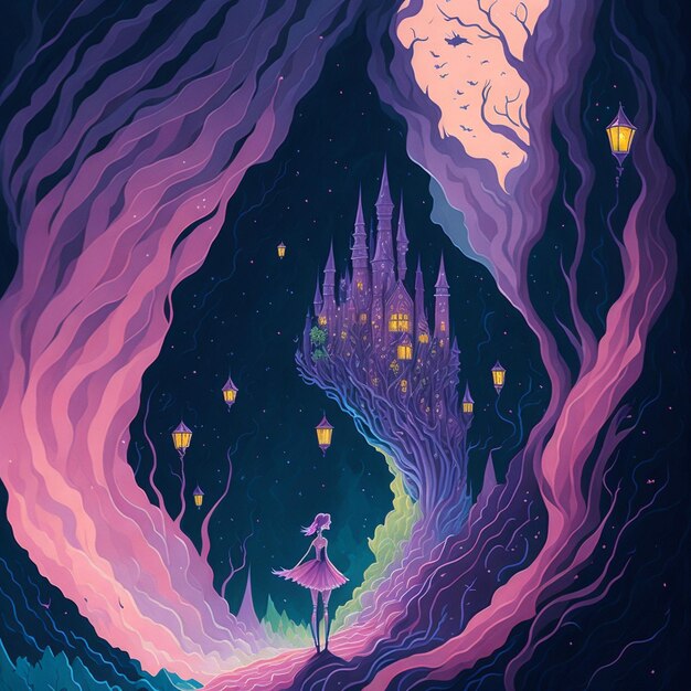 Eine Traumgeschichte Eine Illustration einer Feenprinzessin und eines mystischen Schlosses in lebendiger Pastell-Wasserfarbe