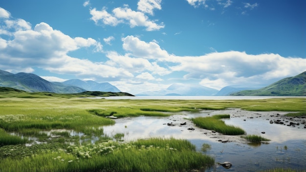 Eine traumhafte Landschaft mit üppigem Gras und majestätischen Bergen