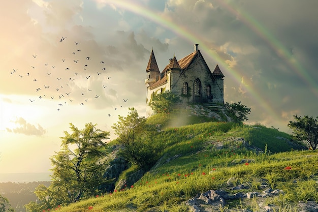Eine traumhafte märchenhafte Burg, eingebettet auf einem Hügel mit einem