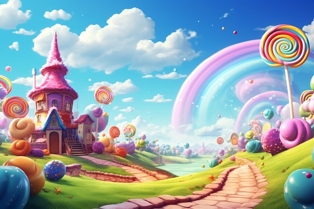 Eine traumhafte Welt aus Süßigkeiten und Süßigkeiten-Cartoon-Spiel-Hintergrund Illustration