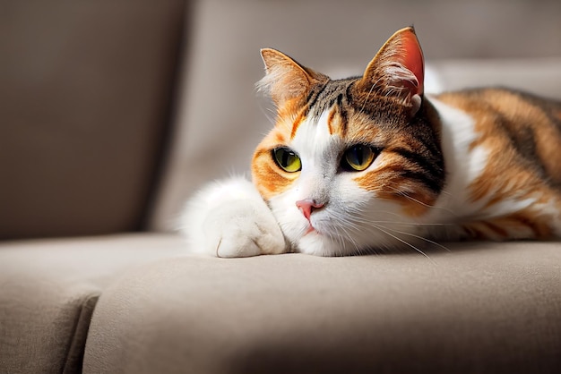 Eine traurige, süße Katze, die auf dem Sofa sitzt. Nahaufnahme des Kätzchens vor dem Gesicht. Ein Porträt einer entzückenden Katze