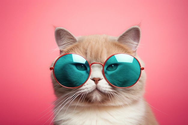Eine trendige Katze mit Sonnenbrille vor einem bunten Hintergrund