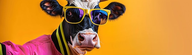 Foto eine trendige kuh posiert in einer neonrosa und gelben jacke mit stilvollen sonnenbrillen