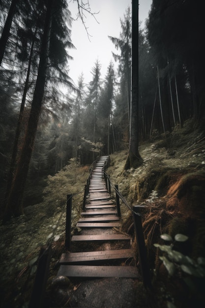 Eine Treppe, die einen Hügel im Wald hinaufführt. Generatives KI-Bild