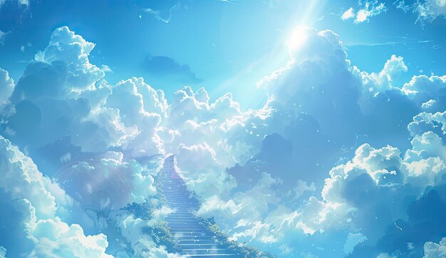 Eine Treppe, die in den Wolken zum Himmel führt, wobei die Sonne durch die Wolken scheint