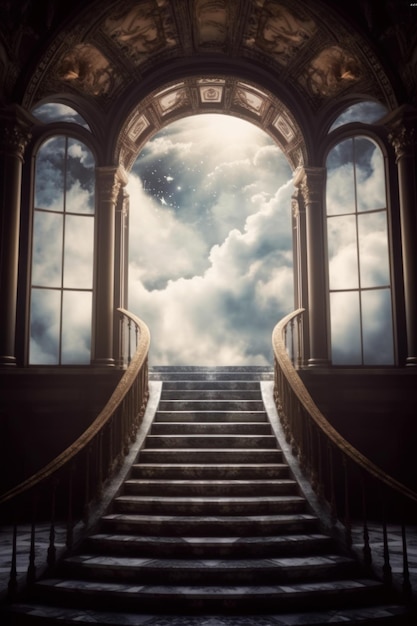 Eine Treppe führt zu einem Fenster, hinter dem der Himmel liegt