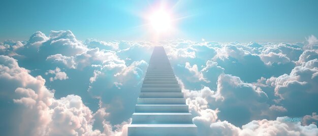 Eine Treppe im Himmel Konzept mit Wolken in Weiß und einer Sonne am Himmel Konzept der Religion