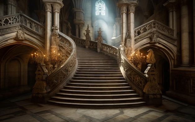 Eine Treppe in einem Schloss mit einem Licht, das durch das Fenster kommt.