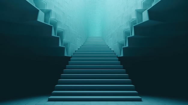 Eine Treppe mit einem blauen Licht dahinter und die Treppe, die nach oben führt.