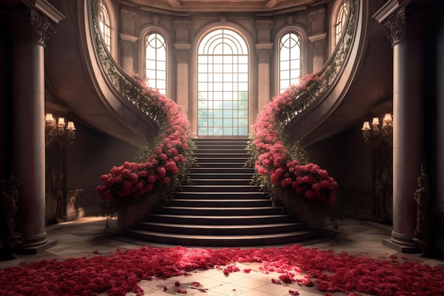 Eine Treppe mit roten Blumen darauf