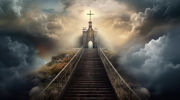 Eine Treppe zum Himmel mit einem Kreuz am Himmel
