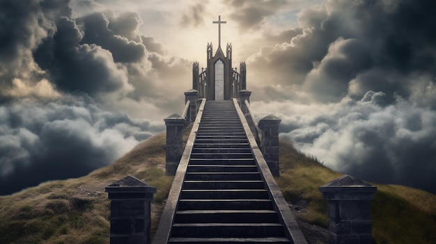 Eine Treppe zum Himmel mit einem Kreuz an der Spitze