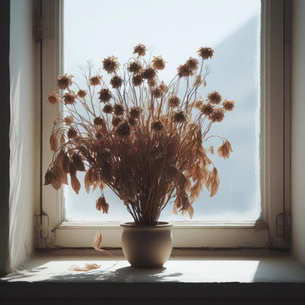 Eine trockene, einsame Pflanze in einem Topf, die am Fenster steht