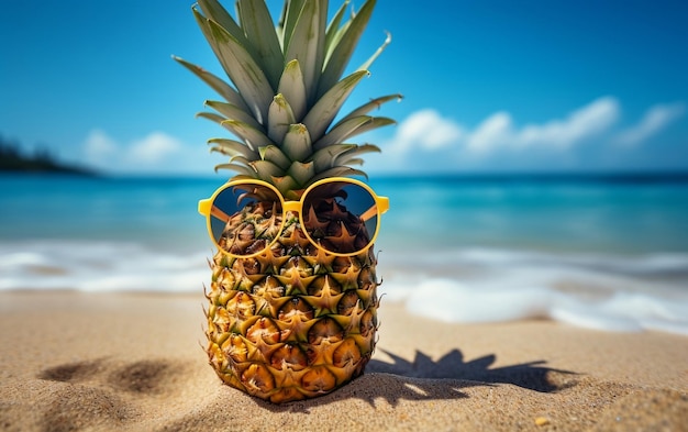 Eine tropische Ananas mit stilvoller Sonnenbrille an einem Sandstrand