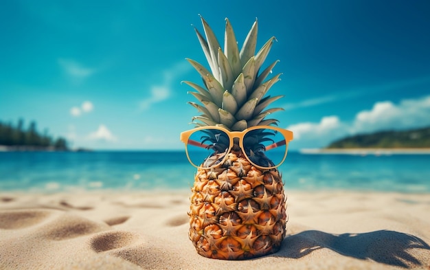 Eine tropische Ananas mit stilvoller Sonnenbrille an einem Sandstrand