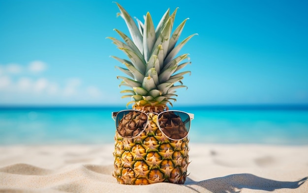 Eine tropische Ananas mit stilvoller Sonnenbrille an einem Sandstrand