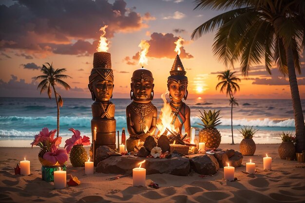 Eine tropische Geburtstagsfeier am Strand mit Tiki-Fackeln, einem Lagerfeuer und einem atemberaubenden Sonnenuntergang als Kulisse für eine feierliche Nacht