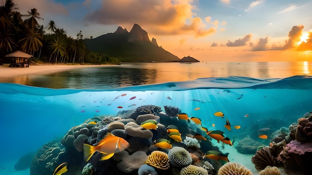 Foto eine tropische insel mit einem korallenriff und einem berg im hintergrund