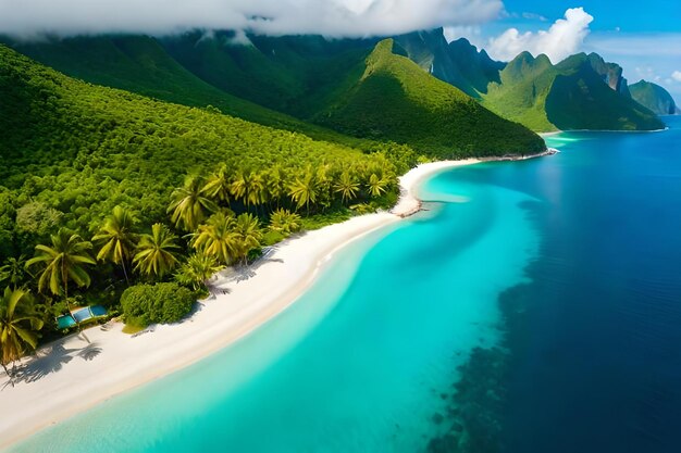Eine tropische Insel mit einem Strand und Bergen im Hintergrund