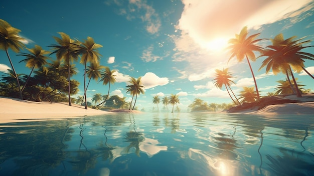 Eine tropische Insel mit Palmen und der Sonne, die am Horizont scheint.