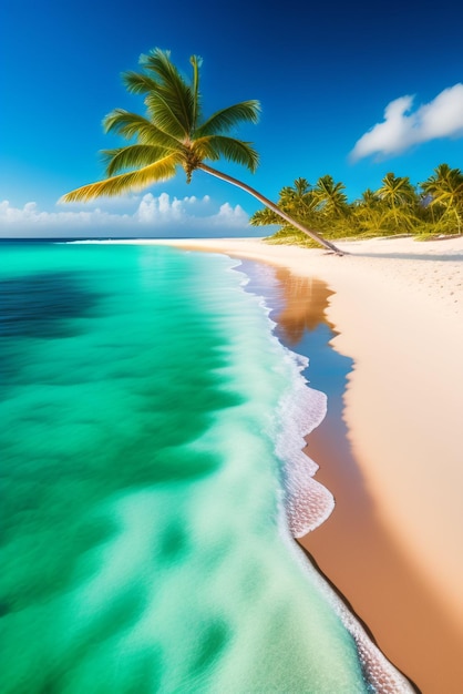 Eine tropische Strandszene mit einer Palme am Strand.