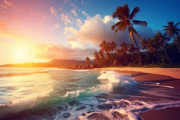 Eine tropische Szene mit Palmen und einer Strandszene