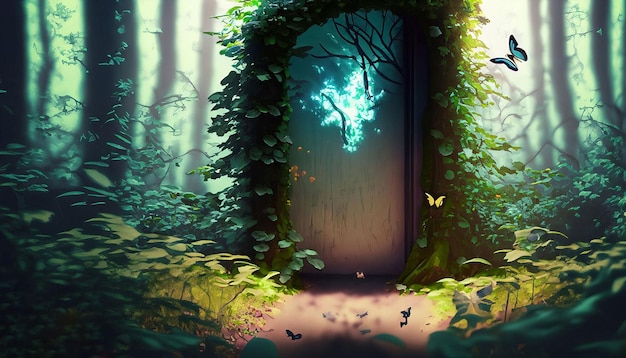 Eine Tür im Wald mit einem Licht daran