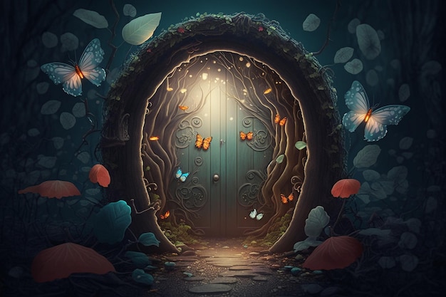 Eine Tür in einem dunklen Wald mit Schmetterlingen auf den Zweigen.