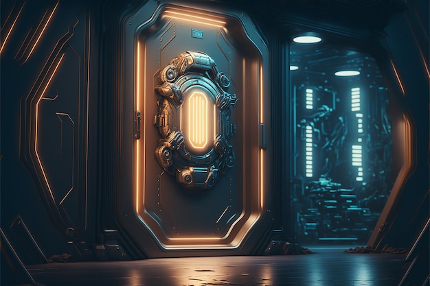 Eine Tür mit einem leuchtenden Licht, auf dem „Cyberpunk“ steht