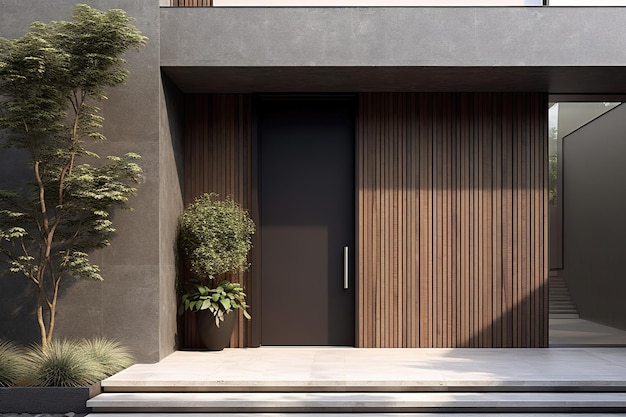 Eine Tür mit Holzrahmen ist von Pflanzen und einem Pflanzgefäß umgeben.