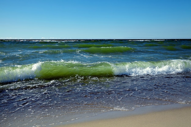 Eine türkisfarbene Welle läuft über einen Sandstrand.