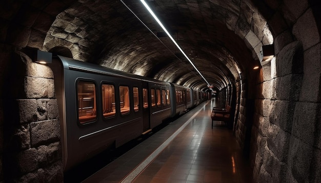 Eine U-Bahn steht in einem Tunnel mit einer Bank im Hintergrund.