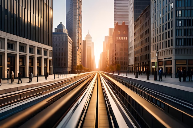 Eine U-Bahn-Strecke mit der Skyline der Stadt im Hintergrund