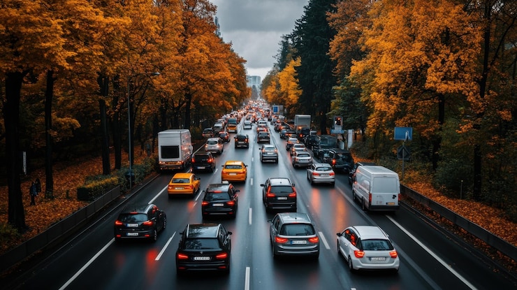 Foto eine überfüllte autobahn mit langsamem verkehr im herbst, umgeben von lebendigen orangefarbenen und gelben bäumen in einem städtischen waldgebiet