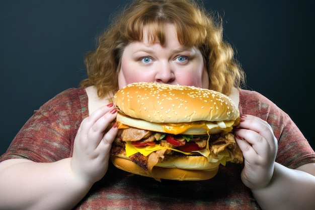 Eine übergewichtige Frau hält einen Cheeseburger auf einem dunklen Hintergrund