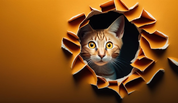 Eine überraschte Katze in einem orangefarbenen Wandloch Generative KI