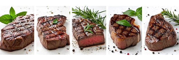 Eine üppige Steak-Auswahl, elegant durch weiße Linien geteilt, die von strahlend weißem Licht beleuchtet werden