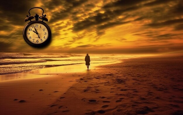 Foto eine uhr am strand, auf der eine person läuft