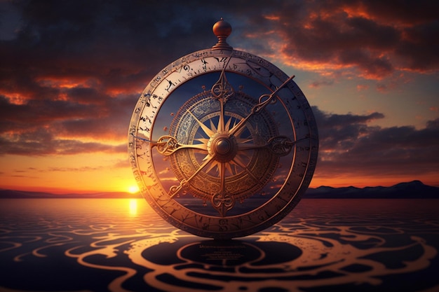 Eine Uhr auf dem Wasser, dahinter die untergehende Sonne