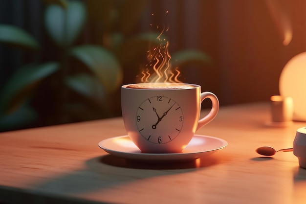 Eine Uhr auf einer Kaffeetasse mit der Uhrzeit 11:30 Uhr