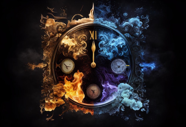 Eine Uhr, die den Zeitpunkt der Apokalypse, Tod und Leben, Feuer und Wasser, von der KI generiert, anzeigt