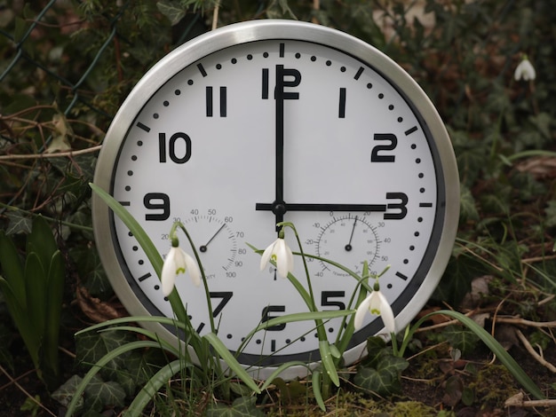 Eine Uhr, die drei Stunden anzeigt, steht in Schneeglöckchen draußen im Frühling Ein Symbol für die Zeitumstellung Sommerzeit Bewegen der Zeiger vorwärts