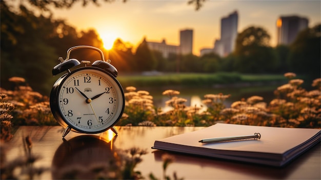 Eine Uhr mit einem Bleistift und einem Notizbuch auf dem Tisch vor einem Sonnenuntergang.