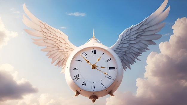 Eine Uhr mit Flügeln am Himmel mit Wolken Das Konzept der Vergänglichkeit der Zeit Die Zeit vergeht wie im Flug KI-Generierung