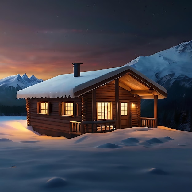 eine ultrarealistische Hütte mit warmem Licht im Inneren auf einem schneebedeckten Berg nachts, erzeugt von KI