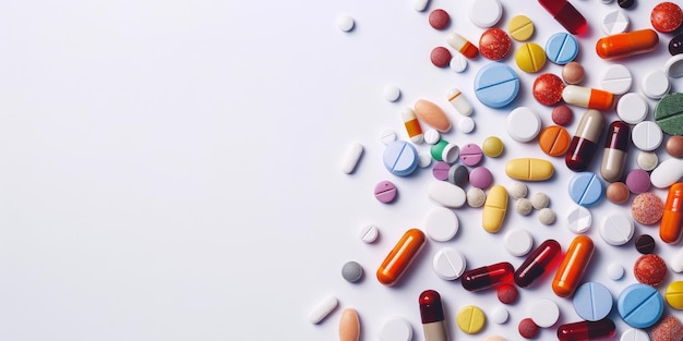 Eine umfangreiche Palette von Pillen und Kapseln ein pharmazeutisches Schaufenster auf weißem Hintergrund