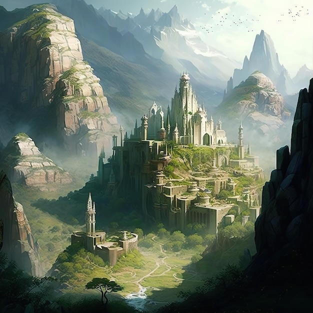 eine ummauerte Stadt im Fantasy-Stil aus weißem Stein in einem Tal, umgeben von Bergen und grünen Feldern