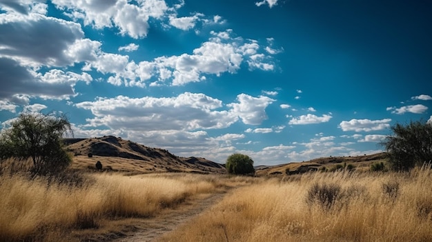 Eine unbefestigte Straße führt durch ein Feld mit blauem Himmel und Wolken.